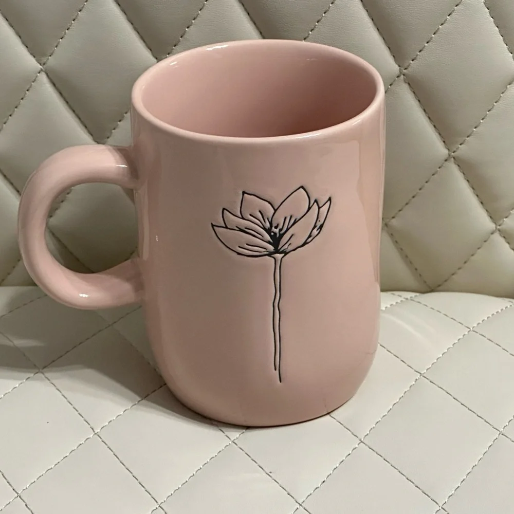 RAE DUNN How Lovely pink ceramic coffee mug with flower